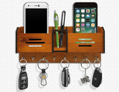 Wooden wall key & phone holder