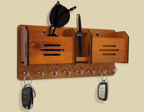 Wooden wall key & phone holder